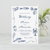 Hand Drawn Whimsical Coastal Navy Blue Wedding Kaart (Staand voorkant)