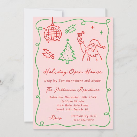 Hand Drawn Whimsical Doodle Christmas Open House Kaart (Voorkant)