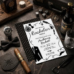 Hand Drawn Whimsical Doodles Bachelor Party Kaart<br><div class="desc">Celebrate the groom-to-be in sophisticated style with this classic black and white bachelor party invitation. This design features whimsical hand-drawn elements, perfectly suited for a memorable guys' night: a bow tie, pocket watch, twinkling stars, and a pour of beer. Perfect for a dapper cocktail evening, a cigar bar celebration, or...</div>