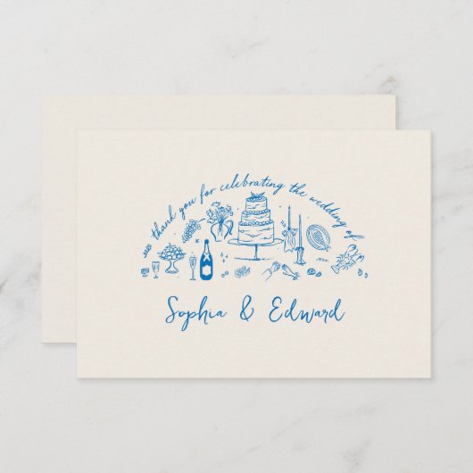 Hand-drawn whimsical line art wedding style bedankkaart (Voorkant / Achterkant)