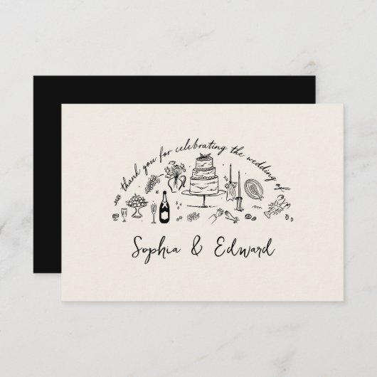 Hand-drawn whimsical line art wedding style bedankkaart (Voorkant / Achterkant)