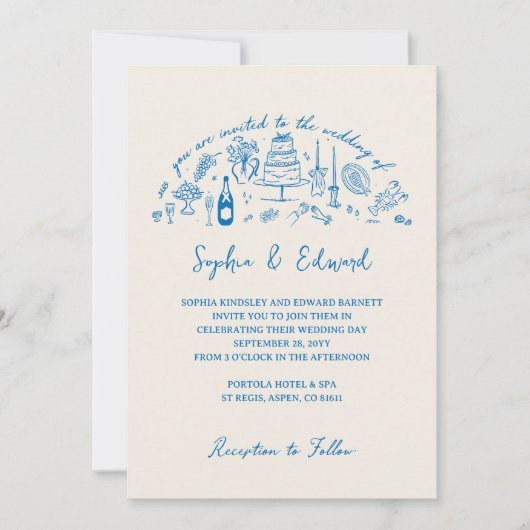 Hand-drawn whimsical line art wedding style kaart (Voorkant)