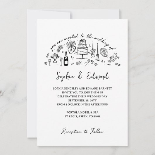 Hand-drawn whimsical line art wedding style kaart (Voorkant)
