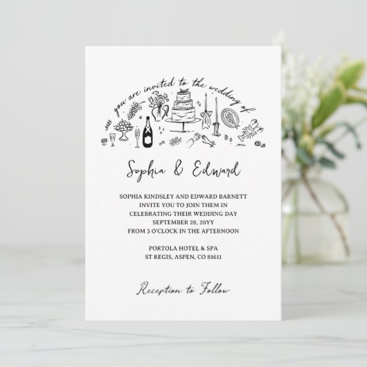 Hand-drawn whimsical line art wedding style kaart (Staand voorkant)