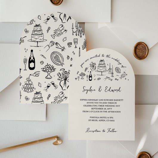 Hand-drawn whimsical line art wedding style kaart