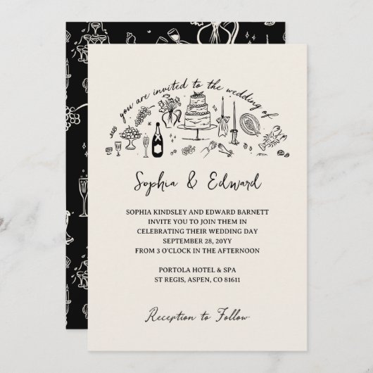 Hand-drawn whimsical line art wedding style kaart (Voorkant / Achterkant)