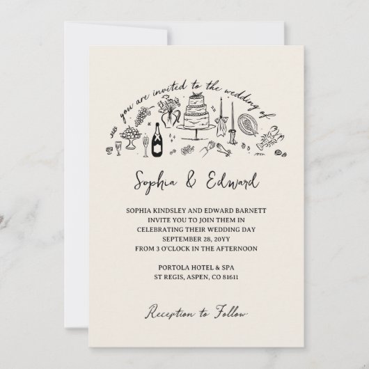 Hand-drawn whimsical line art wedding style kaart (Voorkant)
