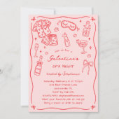 Hand Drawn Whimsical Pink Red Galentines Spa Party Kaart (Voorkant)
