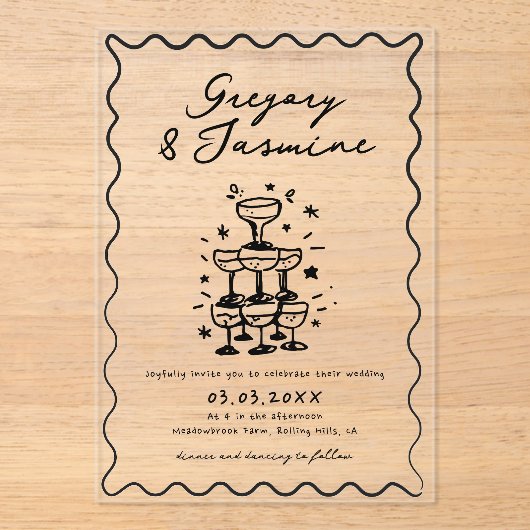 Hand Drawn Whimsical Quirky Handwritten Wedding Acryl Uitnodigingen (Voorkant)