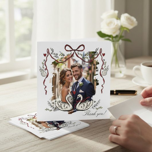 Hand Drawn  Whimsical Swans Photo Card Thank You Bedankkaart