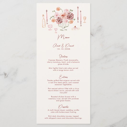 Hand Drawn Whimsical Tabletop Burgundy Wedding Menu (Voorkant)