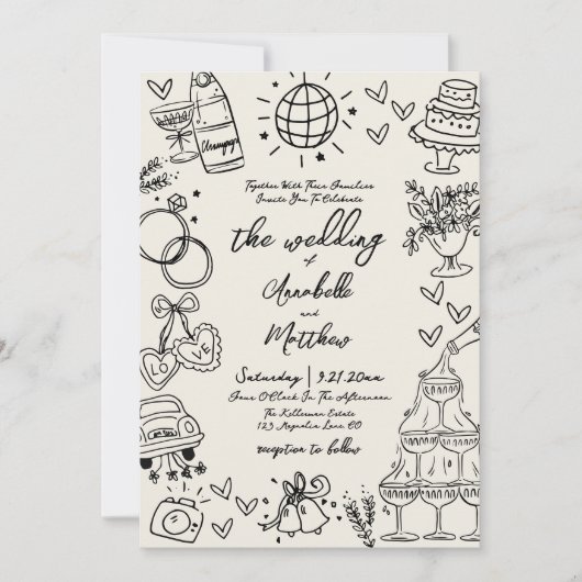 Hand Drawn Whimsical Vintage Wedding Kaart (Voorkant)