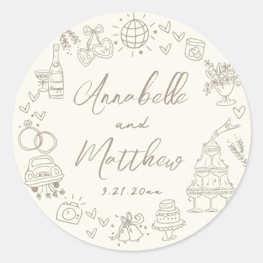 Hand Drawn Whimsical Wedding Ronde Sticker (Voorkant)