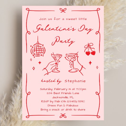 Hand Drawn Whimsy Pink & Red Galentine's Day Party Kaart