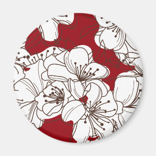 Hand Drawn White Apple Blossom Flowers op Red Magneet