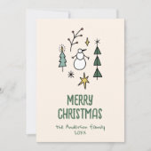 Hand Drawn White Green Snowman Christmas Trees Feestdagenkaart (Voorkant)