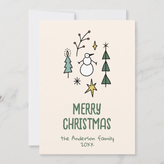Hand Drawn White Green Snowman Christmas Trees Feestdagenkaart (Voorkant)