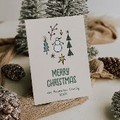 Hand Drawn White Green Snowman Christmas Trees Feestdagenkaart