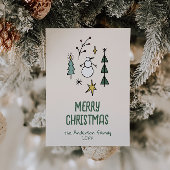 Hand Drawn White Green Snowman Christmas Trees Feestdagenkaart