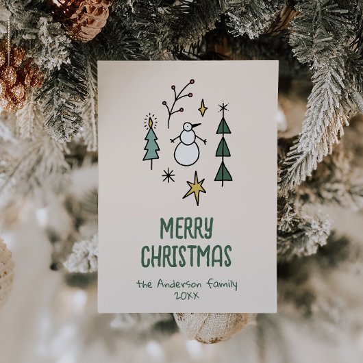 Hand Drawn White Green Snowman Christmas Trees Feestdagenkaart