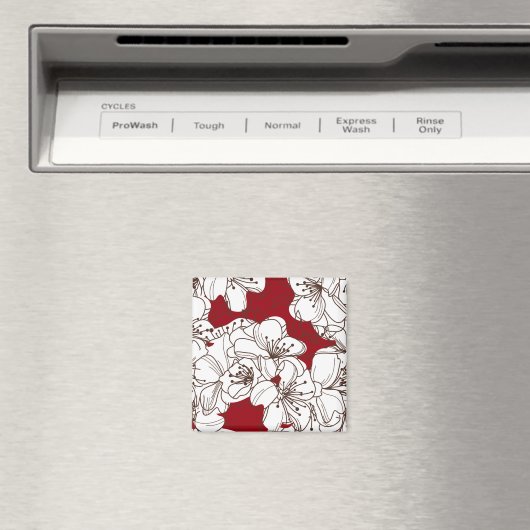 Hand Drawn White Wild Flowers op Red Magneet (Insitu (Vaatwasser))