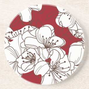 Hand Drawn White Wild Flowers op Red Zandsteen Onderzetter