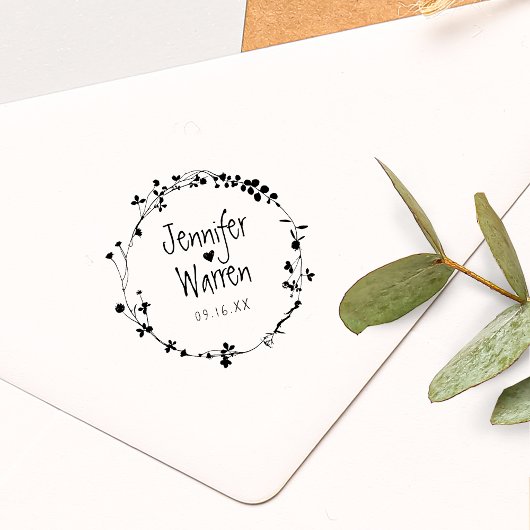 Hand Drawn Wildflower Wreath Personalized Wedding Rubberstempel