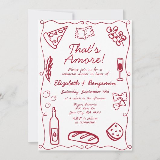 Hand Drawn Wine Red Retro Italian Rehearsal Dinner Kaart (Voorkant)