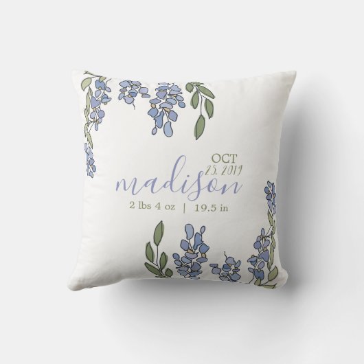 Hand Drawn Wisteria Birth Stats Nursery Pillow Kussen (Achterkant)
