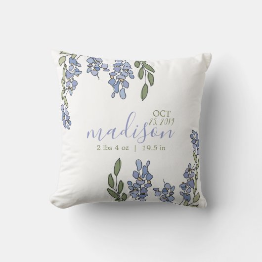 Hand Drawn Wisteria Birth Stats Nursery Pillow Kussen (Voorkant)