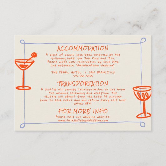Hand Drawn Written Blue Orange Wedding Details  Informatiekaartje (Voorkant)