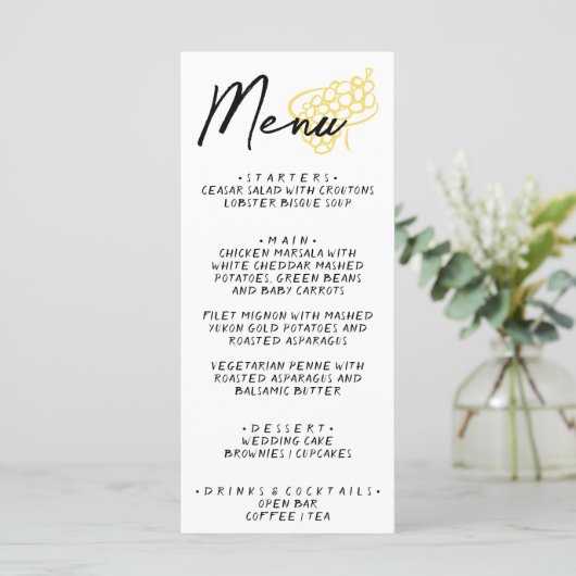 Hand Drawn Yellow White Whimsical Wedding Menu (Staand voorkant)