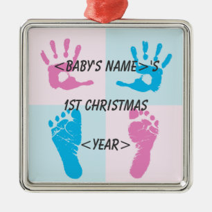 Hand- en voetafdruk baby's 1e kerst metalen ornament