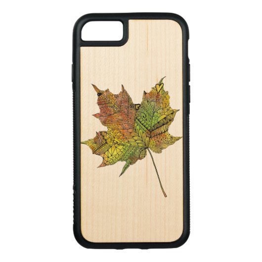 hand geïllustreerd Artsy Maple Leaf Carved Wood iPhone Hoesje (Achterkant)