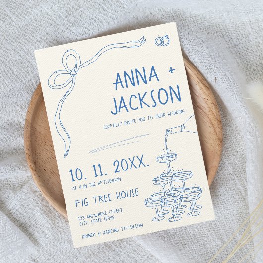 Hand Geïllustreerd Frans Blauw Huwelijk Kaart