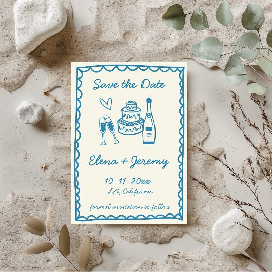 Hand Geïllustreerd  Frans Blauw Huwelijk Save The Date