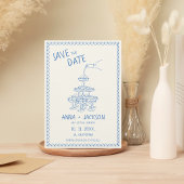 Hand Geïllustreerd Frans Blauw Huwelijk Save The Date