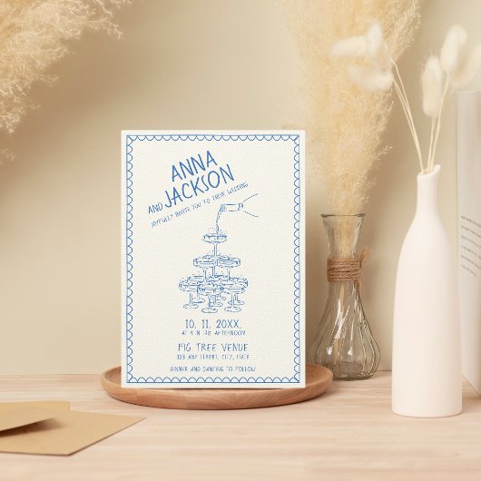 Hand geïllustreerd Retro  Frans Blauw Bruiloft Kaart