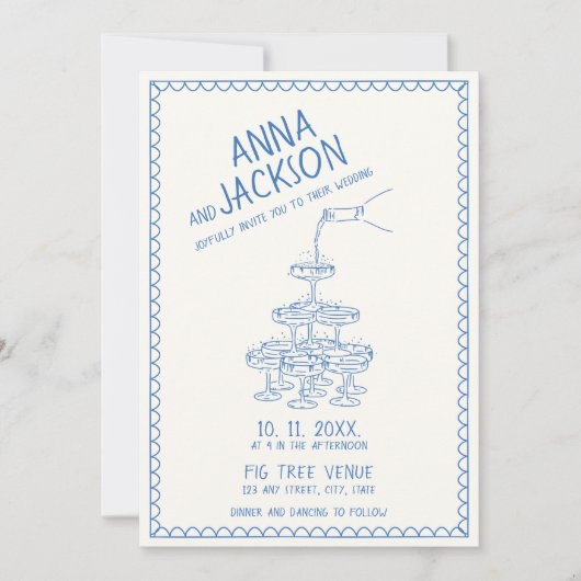 Hand geïllustreerd Retro  Frans Blauw Bruiloft Kaart (Voorkant)