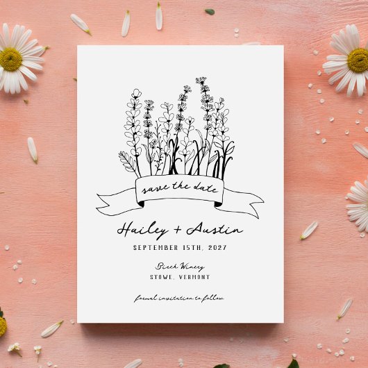 Hand Geïllustreerd Wildflower Bruiloft Save the Da Kaart