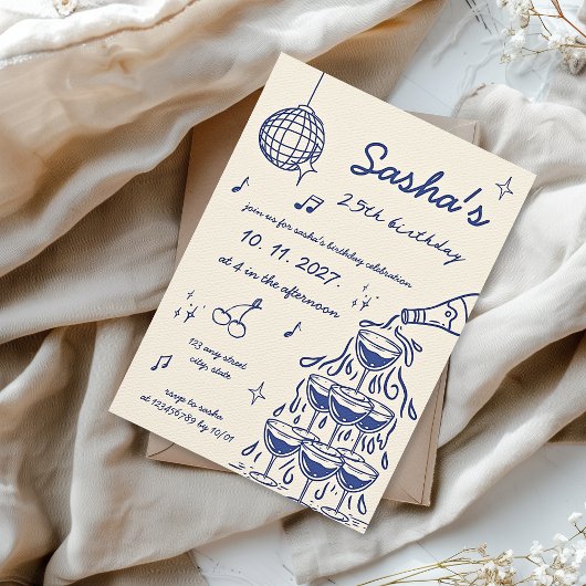 Hand-geïllustreerde Champagne Tower Verjaardag Bla Kaart