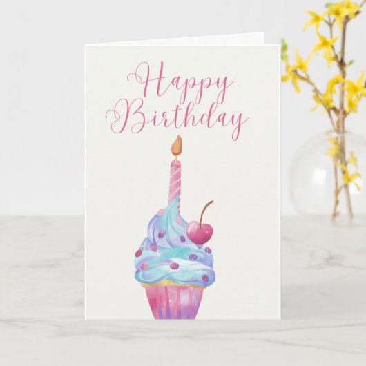 Hand geïllustreerde cupcake met een enkele kaars kaart (Gele Bloem)