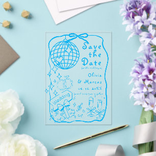 Hand Geïllustreerde Doodle Blue Wedding Bewaar de Acryl Uitnodigingen