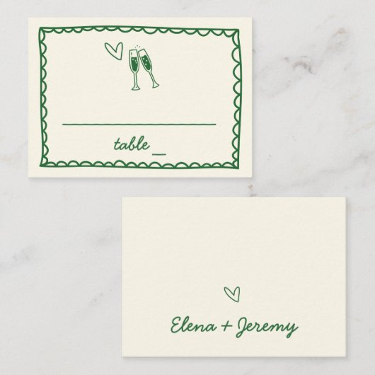 Hand Geïllustreerde  Kleurrijke Groene Huwelijk Plaatskaartje (Voorkant / Achterkant)