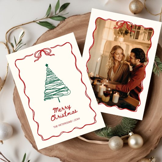 Hand-geïllustreerde Red Green Retro Foto Kerstmis Feestdagenkaart