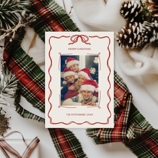 Hand-geïllustreerde Red Green Retro Foto Kerstmis Feestdagenkaart