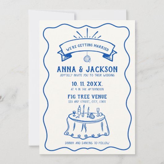 Hand geïllustreerde retro eigenzinnig blauw bruil kaart (Voorkant)