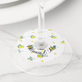 Hand gekleurd citroen ontwerp - naam koppel wijnglaslabel