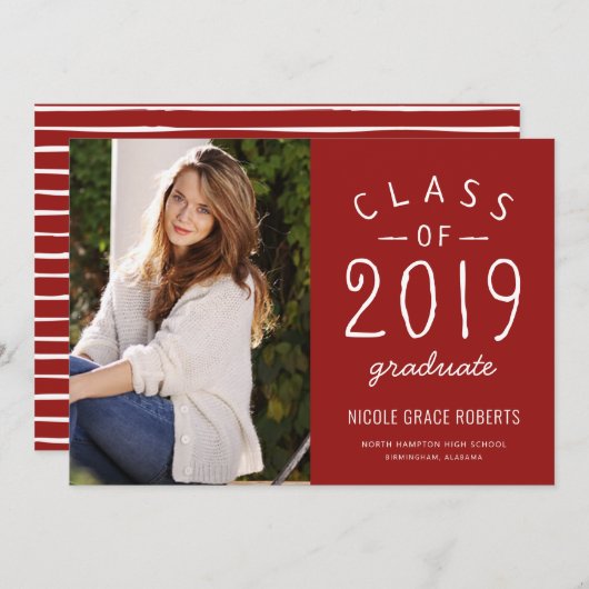 Hand geletterd Afstuderen Fotoaankondiging rood Aankondiging (Voorkant / Achterkant)