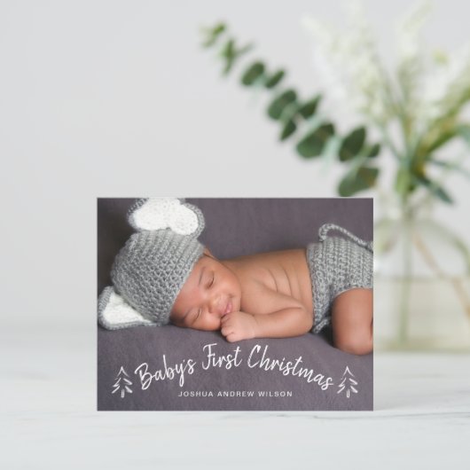 Hand geletterde baby's eerste kerstfoto feestdagenkaart (Staand voorkant)